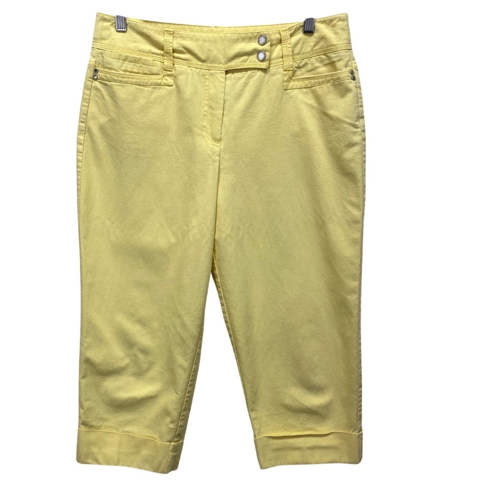 Larry Levine Womens Yellow Cropped Capri Pants Size 10 Stretch Cuffed
